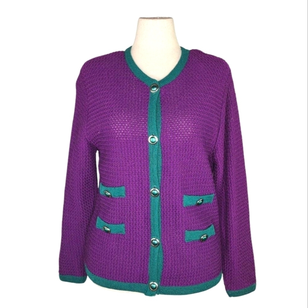 Vintage Miss Pendleton Wool Cardigan Rare Purple Green Trim L Made in USA